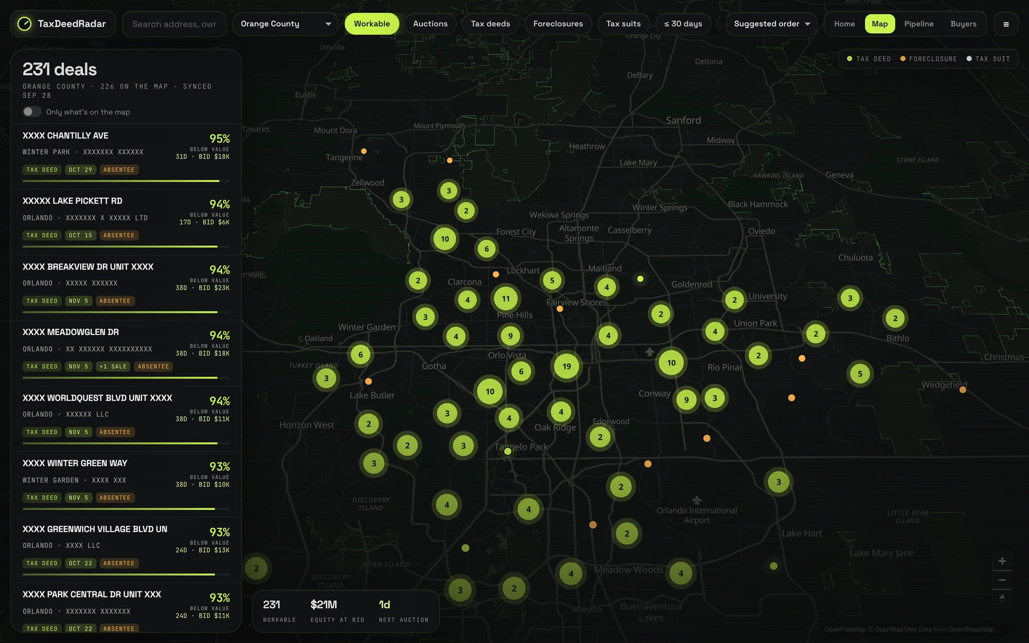 The TaxDeedRadar member map for Orange County, Florida: 231 deals ranked by discount, pinned by type